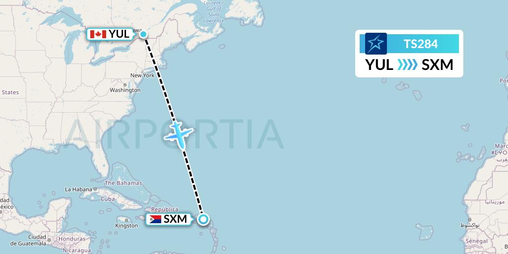 TS284 Air Transat Flight Map: Montreal to Sint Maarten