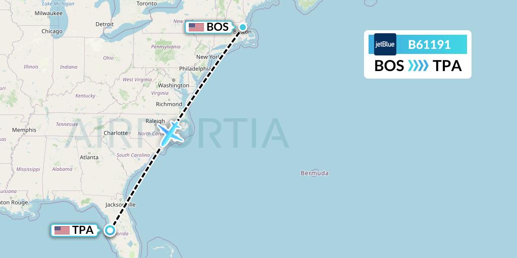 B61191 JetBlue Airways Flight Map: Boston to Tampa