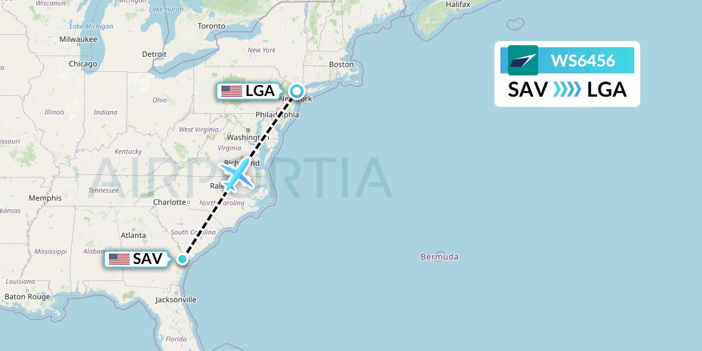 WS6456 WestJet Flight Map: Savannah to New York