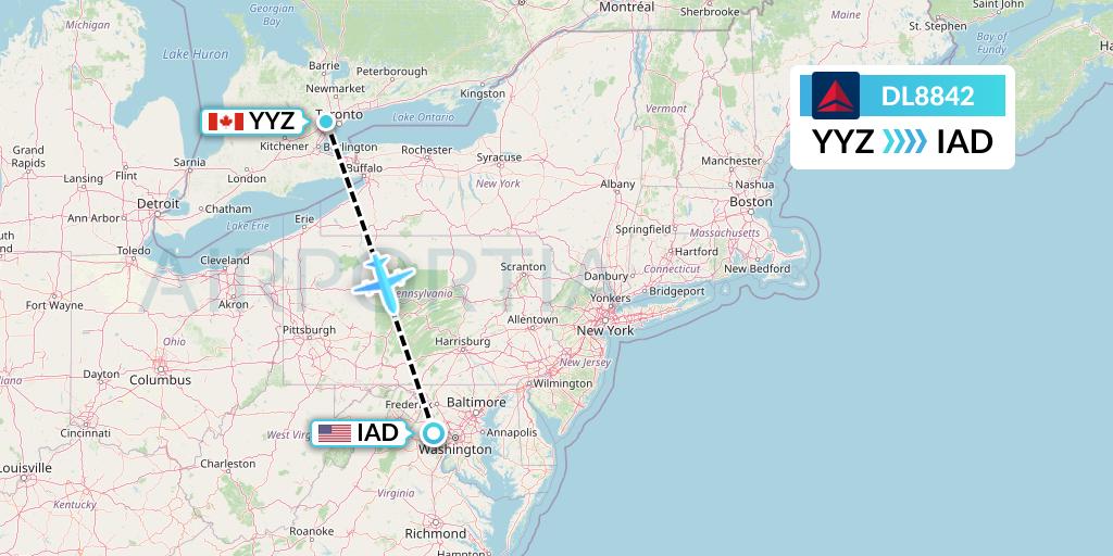 DL8842 Delta Air Lines Flight Map: Toronto to Washington