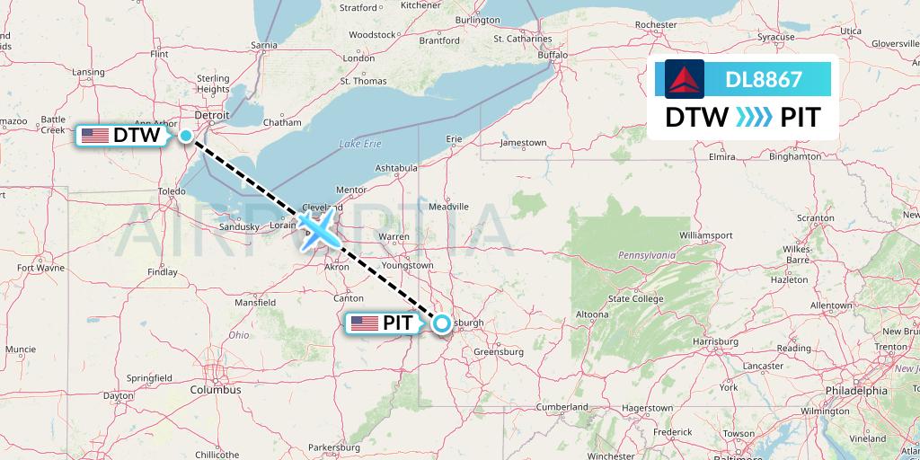 DL8867 Delta Air Lines Flight Map: Detroit to Pittsburgh