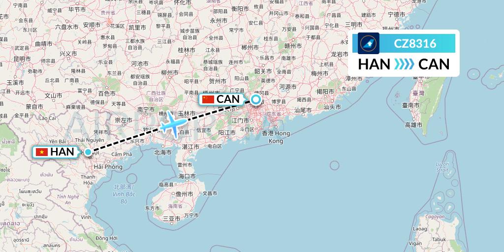 CZ8316 China Southern Airlines Flight Map: Hanoi to Guangzhou
