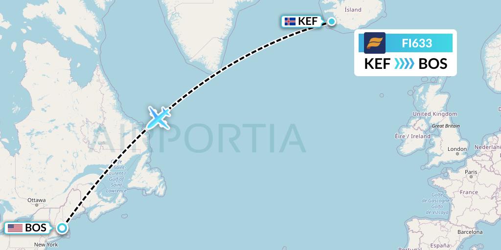 FI633 Icelandair Flight Map: Reykjavik to Boston