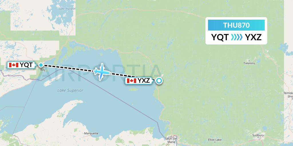 THU870 Thunder Airlines Flight Map: Thunder Bay to Wawa