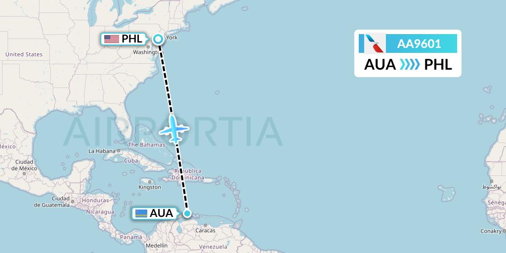 AA9601 American Airlines Flight Map: Oranjestad to Philadelphia