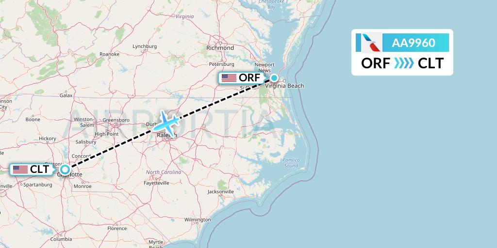AA9960 American Airlines Flight Map: Norfolk to Charlotte