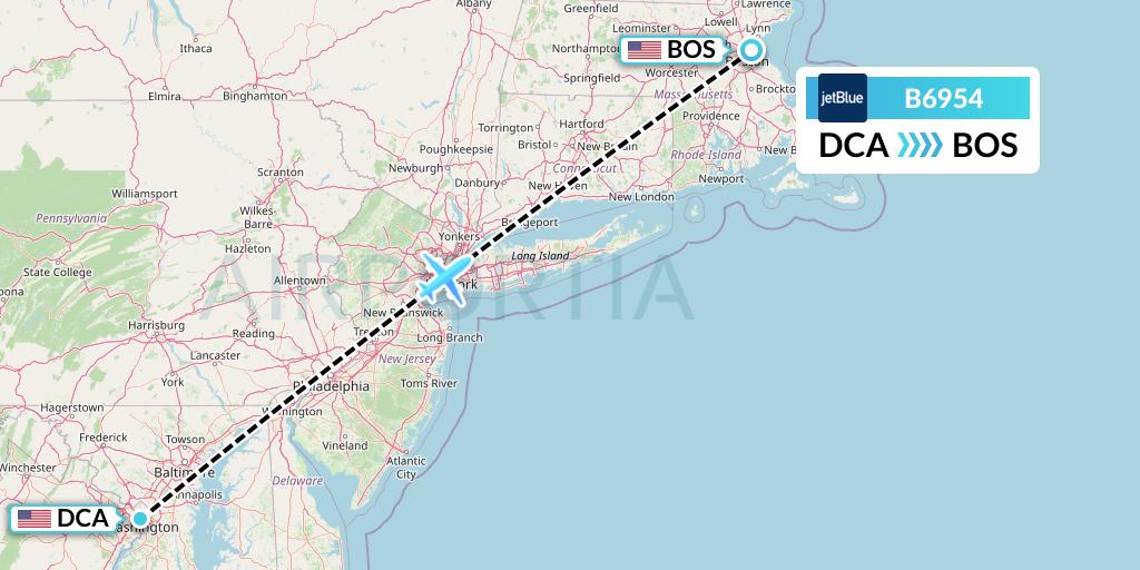 B6954 JetBlue Airways Flight Map: Washington to Boston