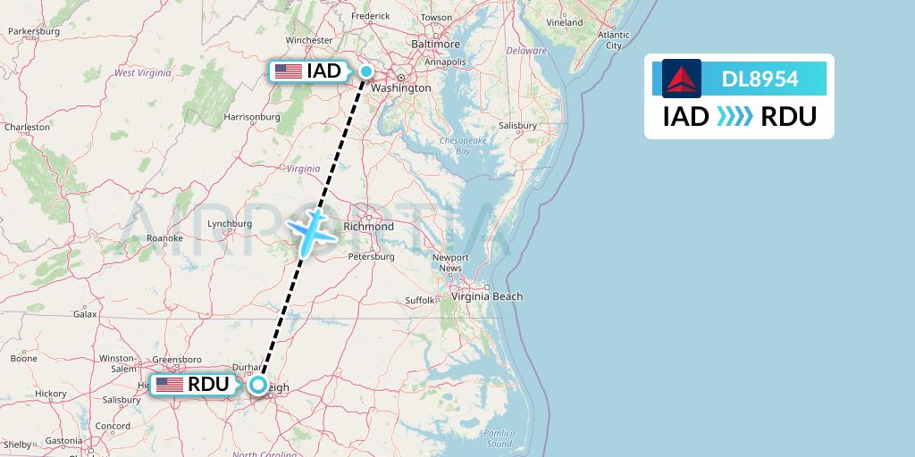 DL8954 Delta Air Lines Flight Map: Washington to Raleigh-Durham