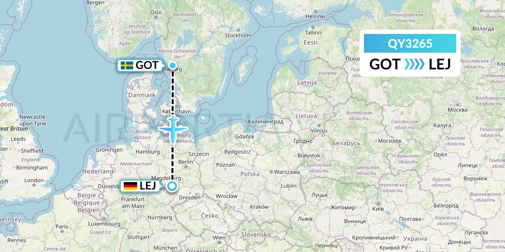 QY3265 European Air Transport Flight Map: Gothenburg to Leipzig
