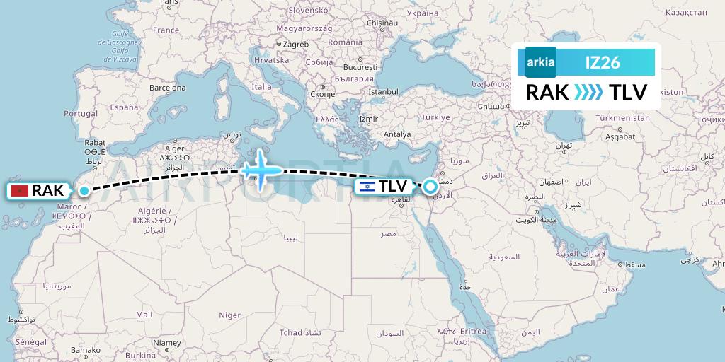 IZ26 Arkia Israeli Airlines Flight Map: Marrakesh to Tel Aviv