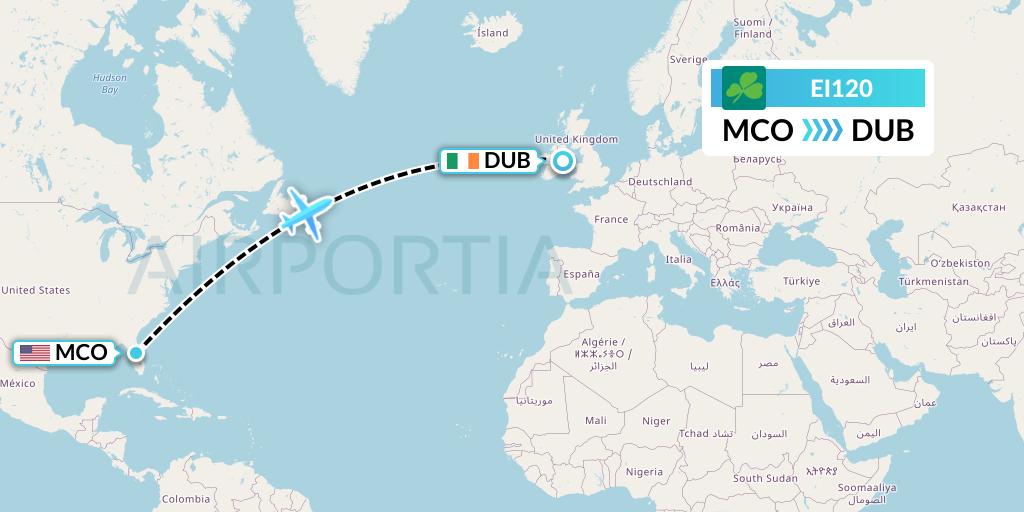 EI120 Aer Lingus Flight Map: Orlando to Dublin