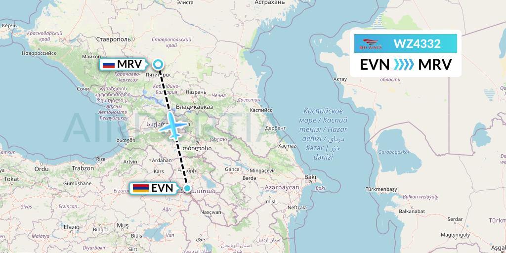 WZ4332 Red Wings Flight Map: Yerevan to Mineralnye Vody