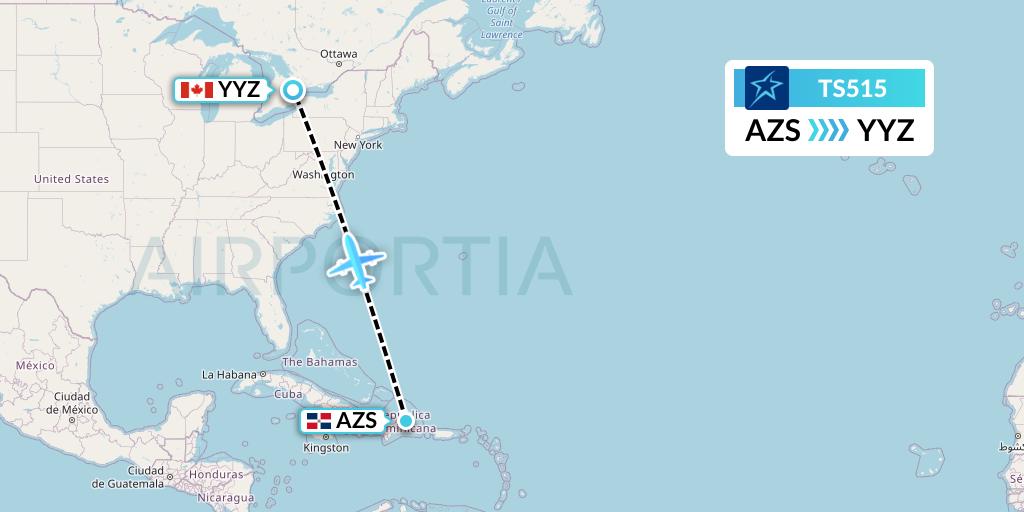 TS515 Air Transat Flight Map: Samana to Toronto