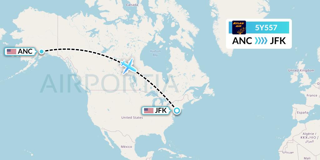 5Y557 Atlas Air Flight Map: Anchorage to New York