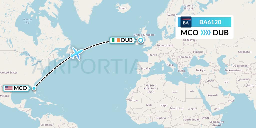 BA6120 British Airways Flight Map: Orlando to Dublin