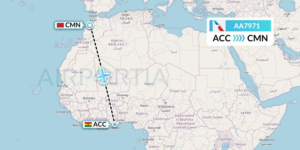 AA7971 American Airlines Flight Map: Accra to Casablanca