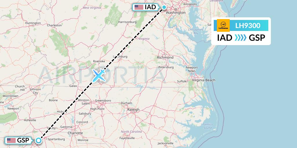 LH9300 Lufthansa Flight Map: Washington to Greenville-Spartanburg