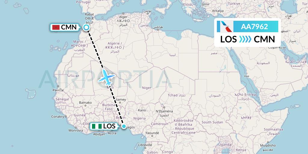 AA7962 American Airlines Flight Map: Lagos to Casablanca