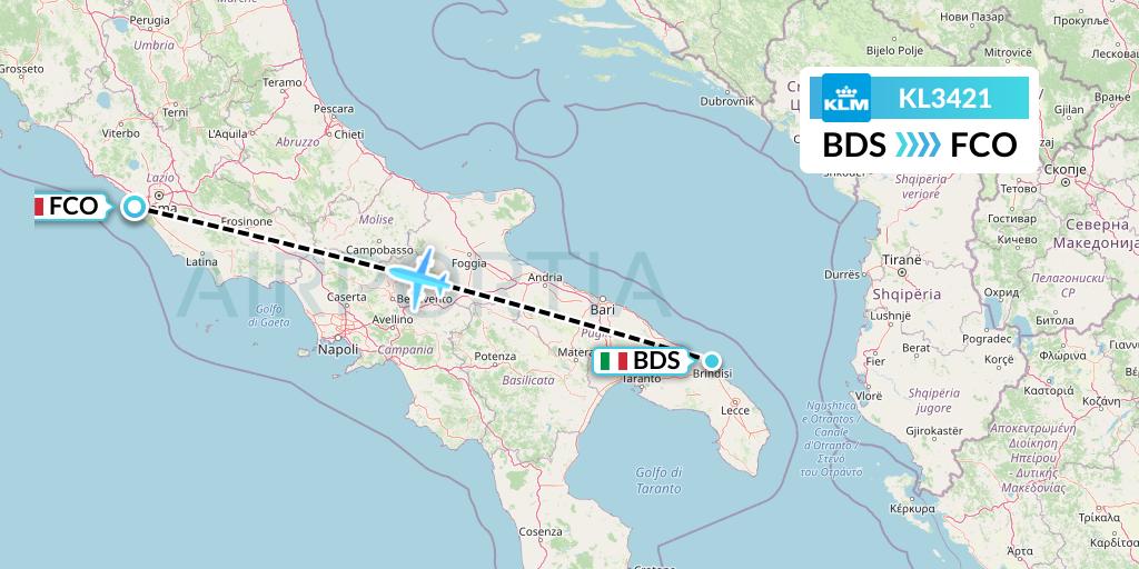 KL3421 KLM Flight Map: Brindisi to Rome