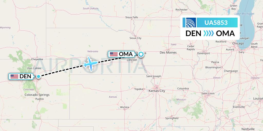 UA5853 United Airlines Flight Map: Denver to Omaha