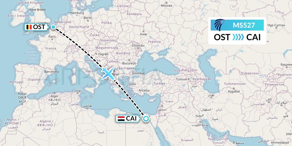 MS527 EgyptAir Flight Map: Ostend to Cairo