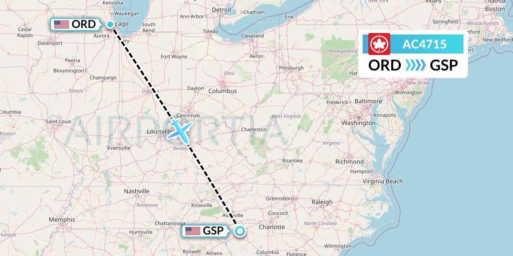 AC4715 Air Canada Flight Map: Chicago to Greenville-Spartanburg