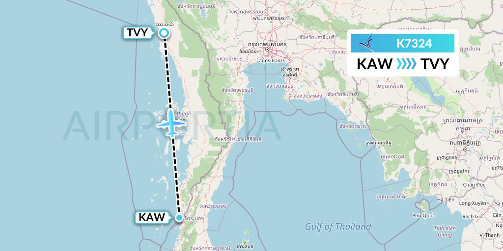 K7324 Air KBZ Flight Map: Kawthaung to Dawei