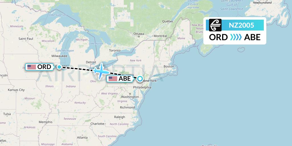 NZ2005 Air New Zealand Flight Map: Chicago to Allentown