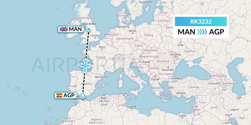 RK3232 Ryanair UK Flight Map: Manchester to Malaga