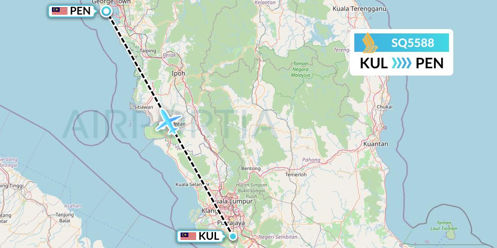 SQ5588 Singapore Airlines Flight Map: Kuala Lumpur to Penang