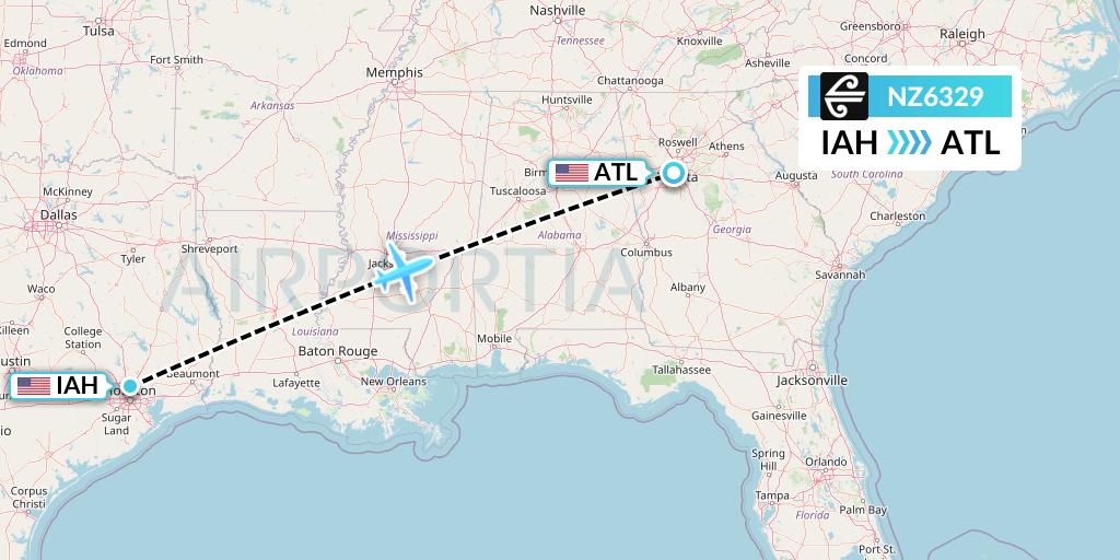 NZ6329 Air New Zealand Flight Map: Houston to Atlanta