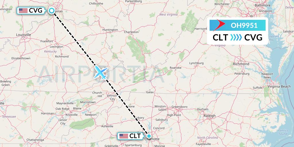 OH9951 PSA Airlines Flight Map: Charlotte to Cincinnati