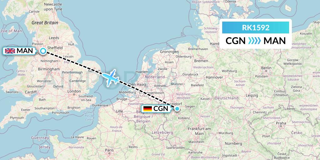 RK1592 Ryanair UK Flight Map: Cologne to Manchester