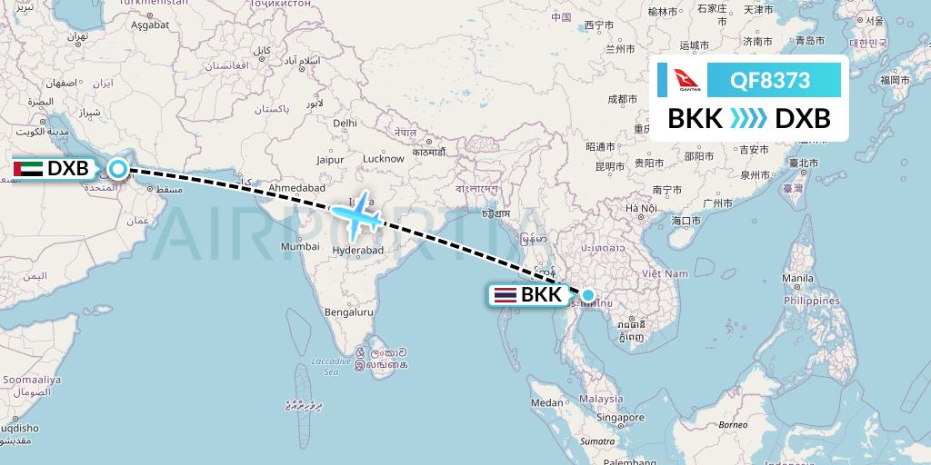 QF8373 Qantas Flight Map: Bangkok to Dubai