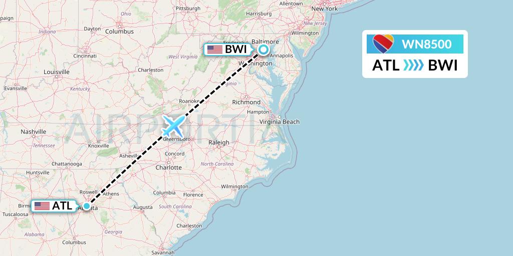 WN8500 Southwest Airlines Flight Map: Atlanta to Baltimore