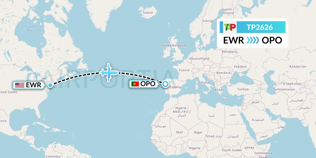 TP2626 TAP Portugal Flight Map: New York to Porto
