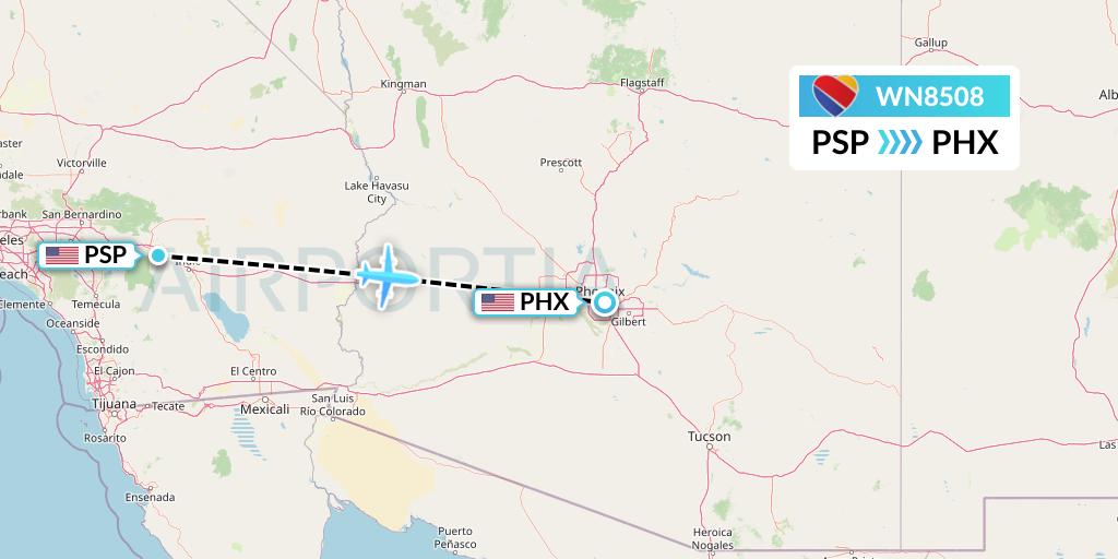 WN8508 Southwest Airlines Flight Map: Palm Springs to Phoenix