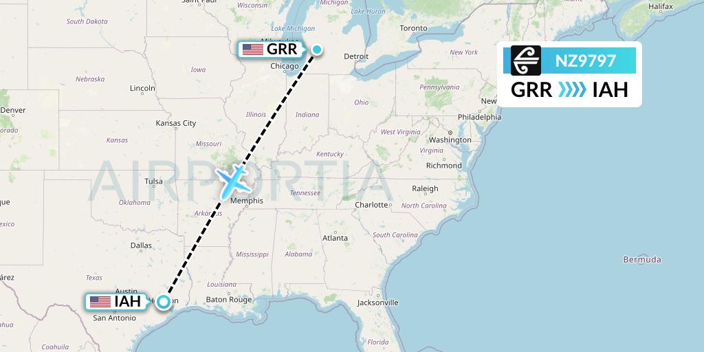 NZ9797 Air New Zealand Flight Map: Grand Rapids to Houston