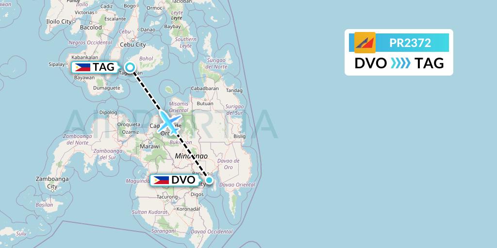PR2372 Philippine Airlines Flight Map: Davao City to Tagbilaran City