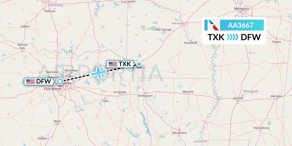 AA3667 American Airlines Flight Map: Texarkana to Dallas