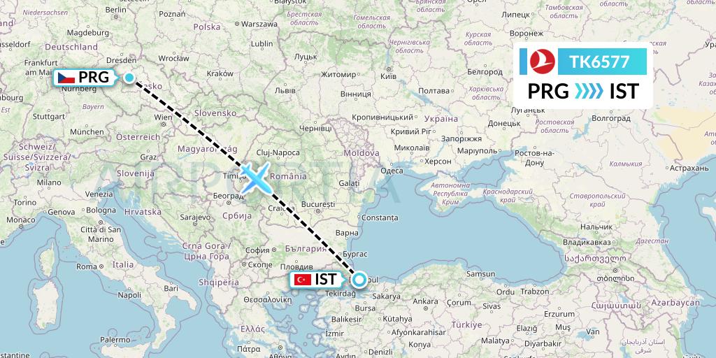 TK6577 Turkish Airlines Flight Map: Prague to Istanbul