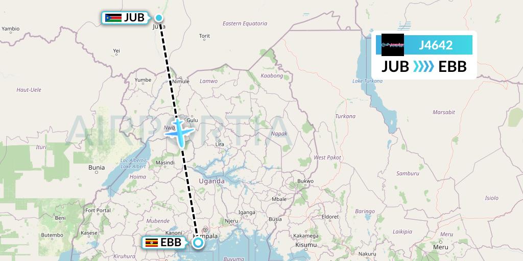 J4642 Badr Airlines Flight Map: Juba to Entebbe