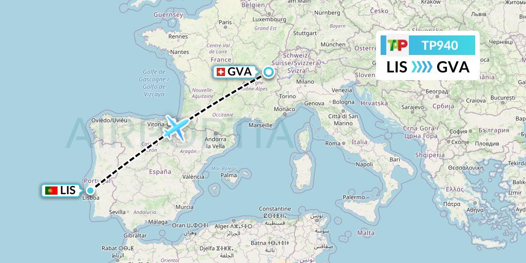 TP940 TAP Portugal Flight Map: Lisbon to Geneva