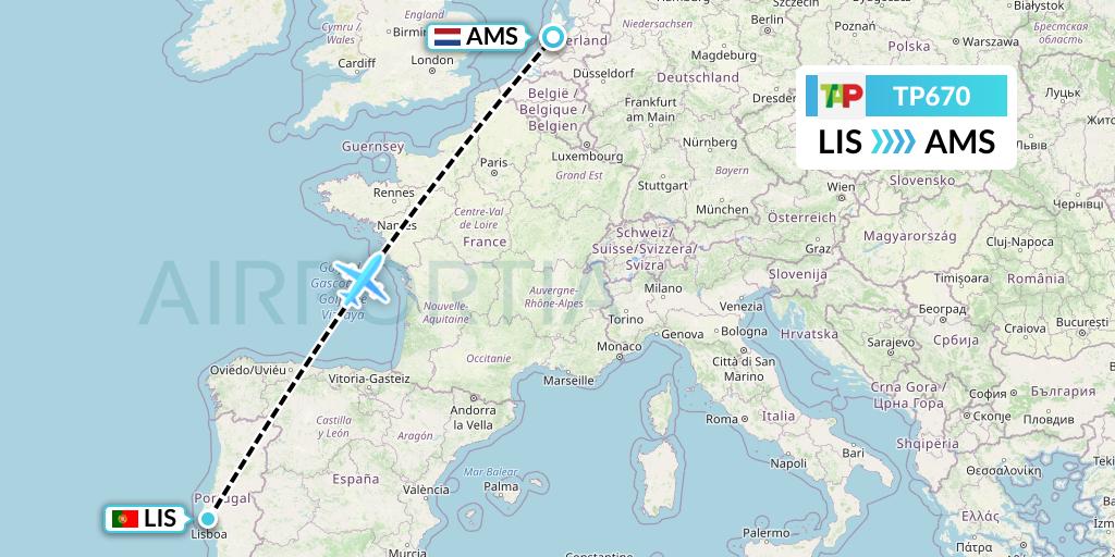 TP670 TAP Portugal Flight Map: Lisbon to Amsterdam