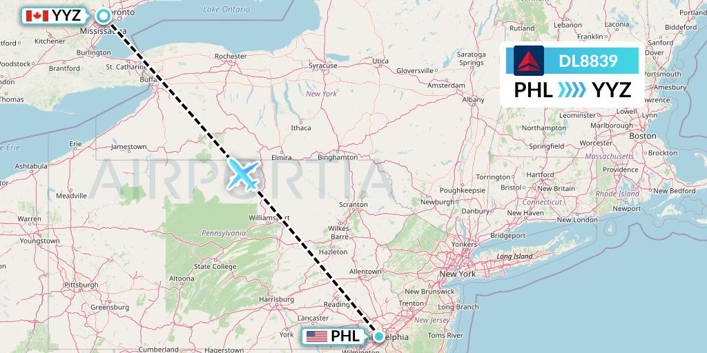 DL8839 Delta Air Lines Flight Map: Philadelphia to Toronto