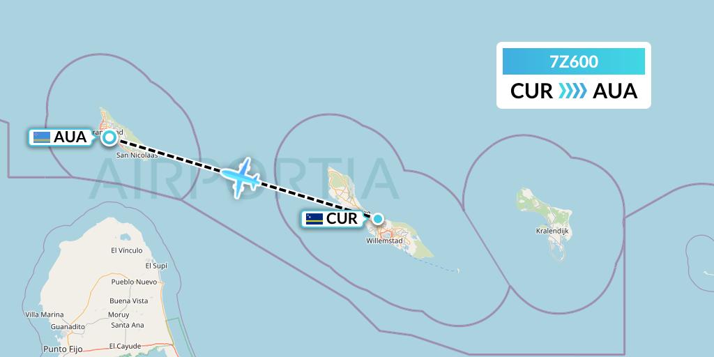 7Z600 EZ Air Flight Map: Willemstad to Oranjestad