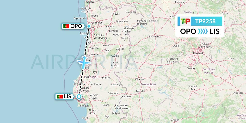 TP9258 TAP Portugal Flight Map: Porto to Lisbon