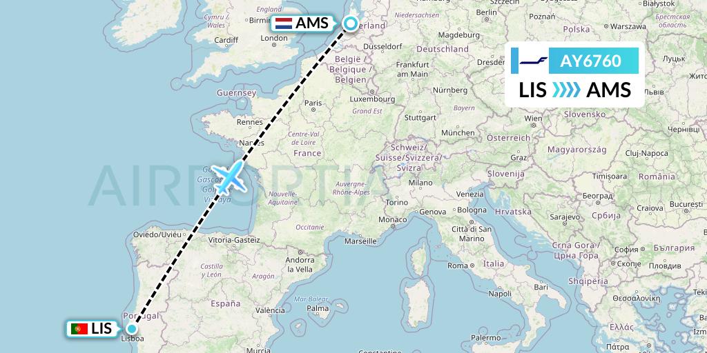 AY6760 Finnair Flight Map: Lisbon to Amsterdam