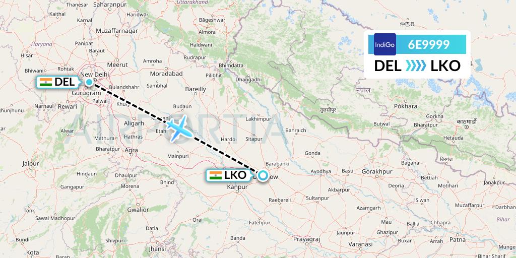 6E9999 IndiGo Airlines Flight Map: Delhi to Lucknow