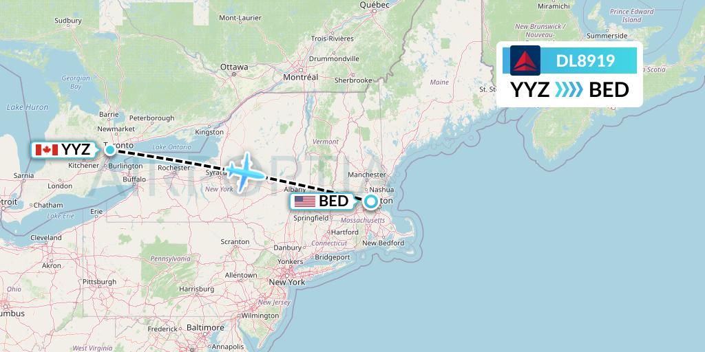 DL8919 Delta Air Lines Flight Map: Toronto to Bedford